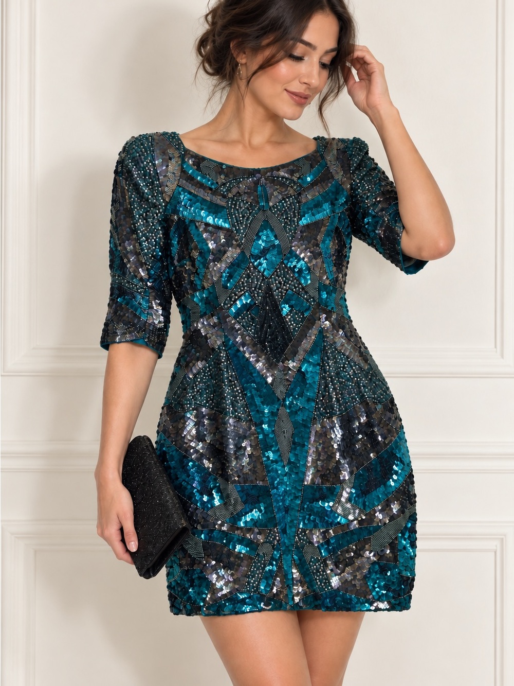 Famous French Connection Embellished Teal & Black Sequin mini Dress